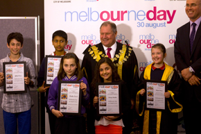 2013 Junior Lord Mayor Competition finalists with Lord Mayor Robert Doyle and Melbourne Day chairman Campbell Walker