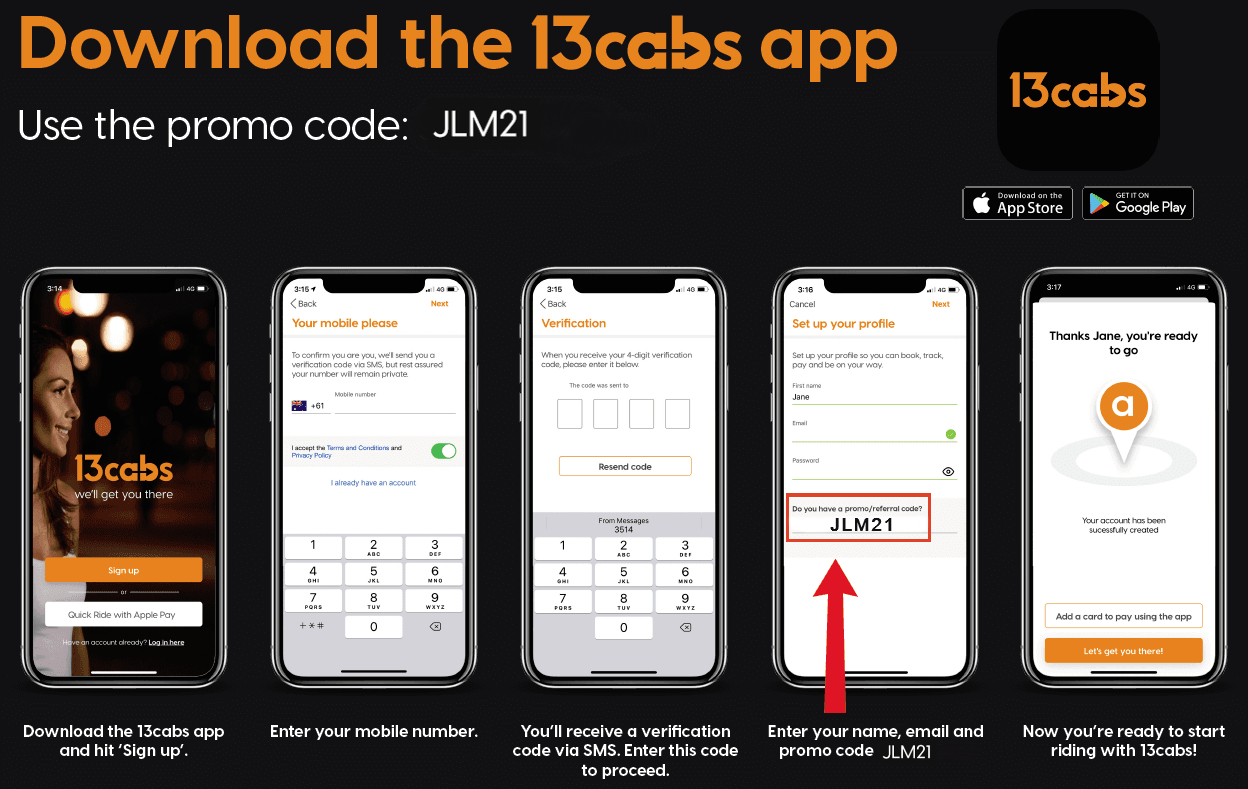 Steps to download the 13cabs app to support Melbourne Day's Junior Lord Mayor program