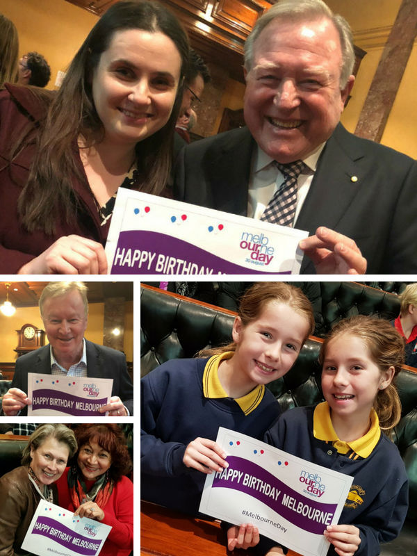 Melbourne Day selfies collage showing newsreader Peter Hitchener from Channel Nine News, Dr Jo Clyne from History Teachers Association of Victoria, Melbourne Day deputy chair Sue Stanley, councillor Beverley Pinder, Team Alicia Gec finalists Junior Lord Mayor competition, Denis Walter 3AW and Junior Lord Mayor judge